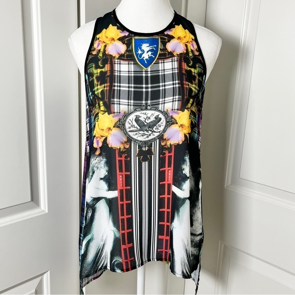 Clover Canyon Eclectic Mixed Print Sleeveless Asymmetrical Blouse, Small